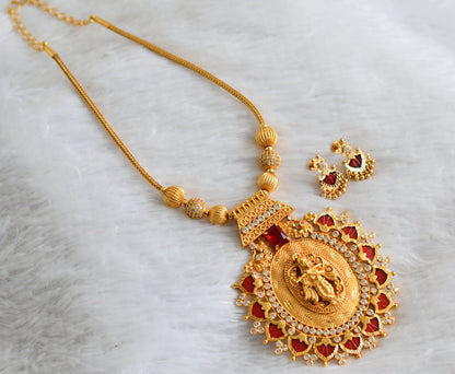 Gold tone kerala style white stone ball red-white big palakka krishna pendant kodi necklace set dj-46866