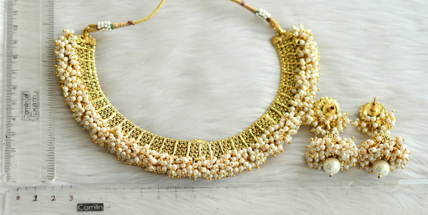 Antique gold tone green pearl cluster necklace set  dj-13549