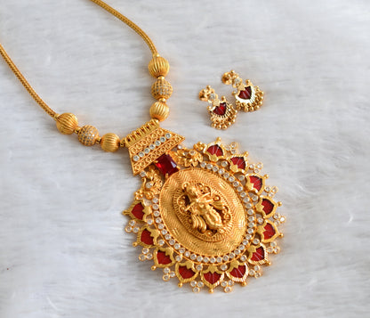 Gold tone kerala style white stone ball red-white big palakka krishna pendant kodi necklace set dj-46866