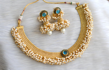 Antique gold tone light blue pearl cluster necklace set  dj-13547