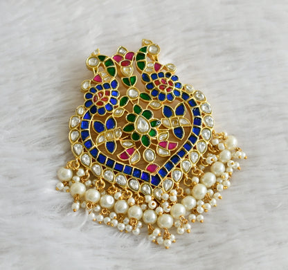 Gold tone pink-green-blue-white pearl peacock kundan jadau pendant dj-48660