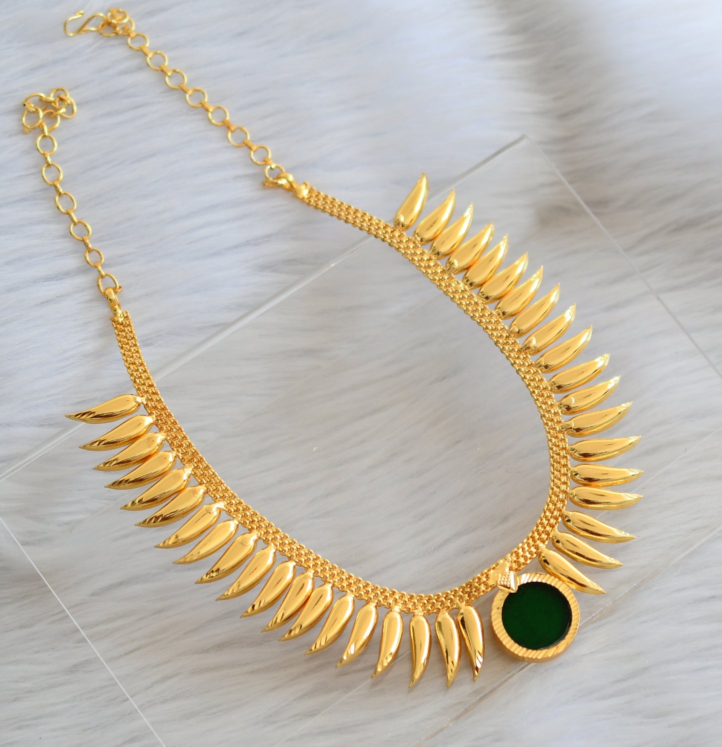 Gold tone green kerala style round mulla mottu necklace dj-45232