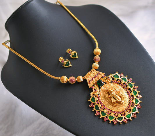 Gold tone kerala style ruby stone ball pink-green big palakka krishna pendant kodi necklace set dj-46865