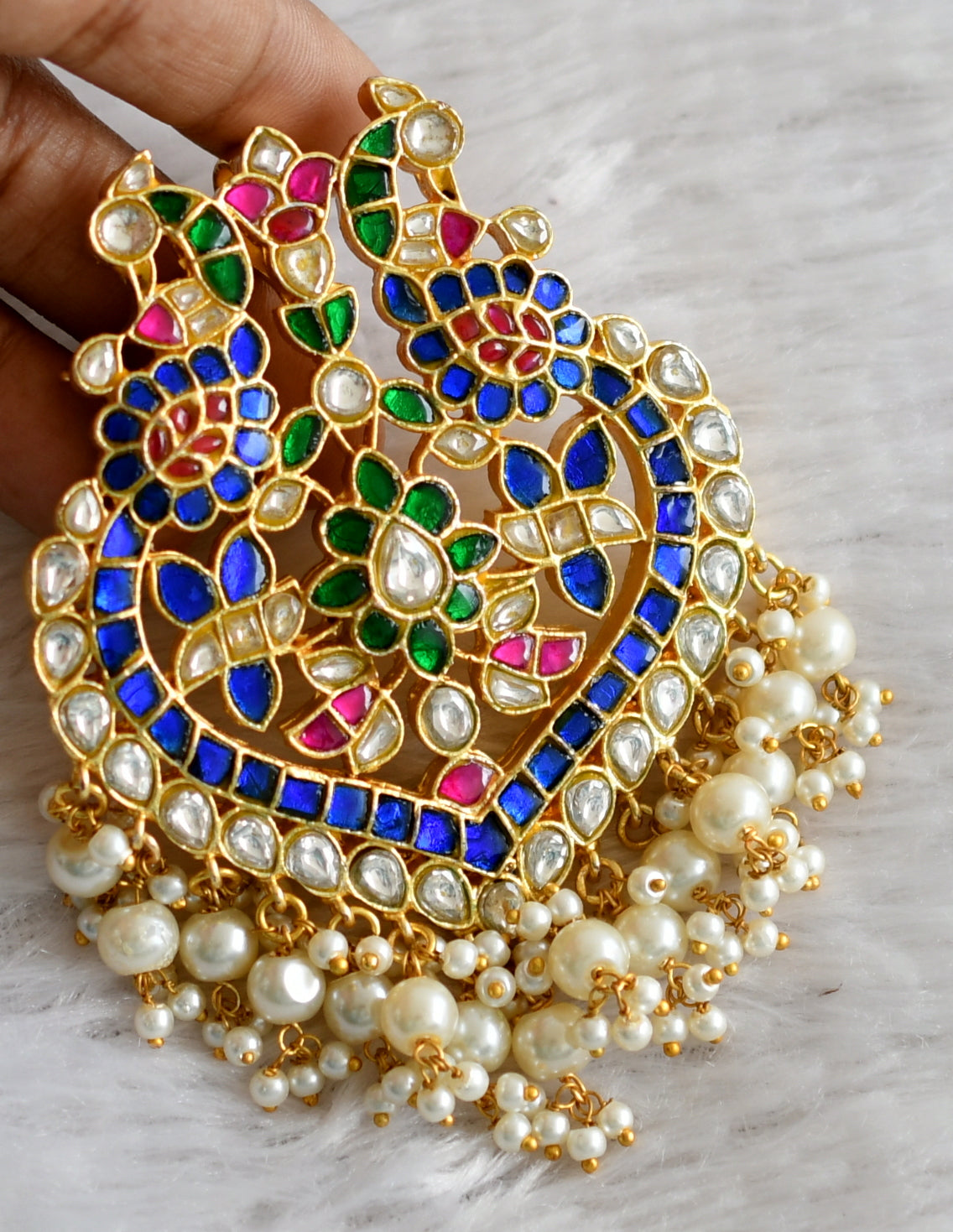 Gold tone pink-green-blue-white pearl peacock kundan jadau pendant dj-48660