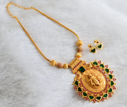 Gold tone kerala style ruby stone ball pink-green big palakka krishna pendant kodi necklace set dj-46865