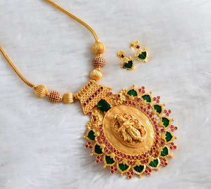 Gold tone kerala style ruby stone ball pink-green big palakka krishna pendant kodi necklace set dj-46865