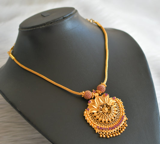 Gold tone ruby ball flower kerala style kodi necklace dj-45219