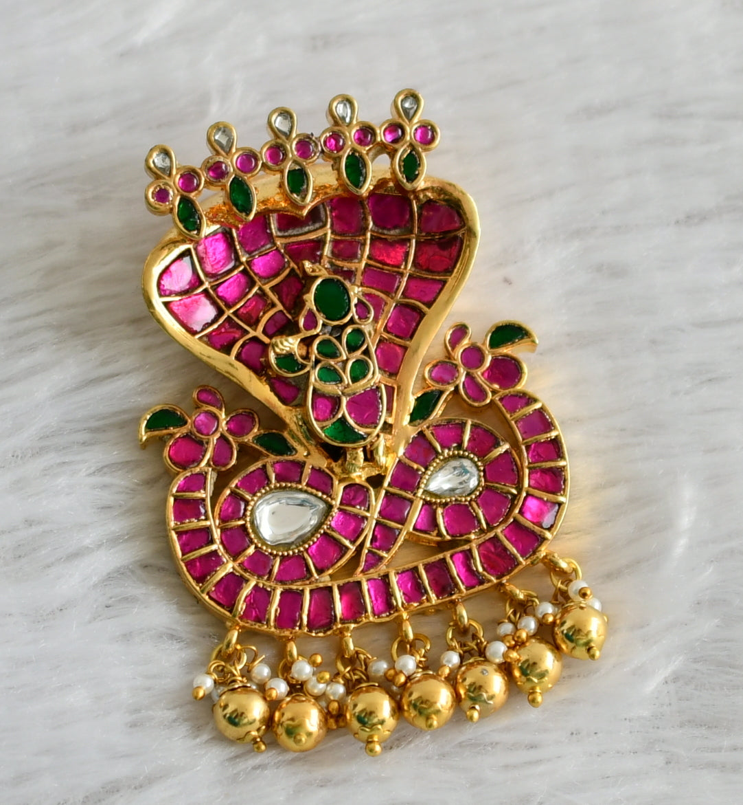 Gold tone pink-green-white kundan jadau kalinga narthana krishna pendant dj-48662