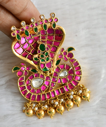 Gold tone pink-green-white kundan jadau kalinga narthana krishna pendant dj-48662