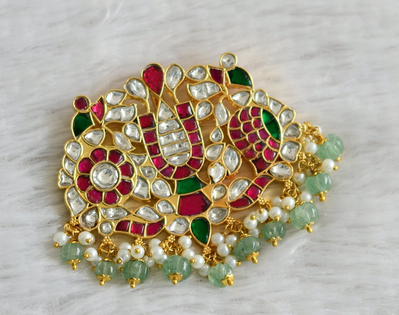 Gold tone pink-green-white kundan jadau nama-shanku-chakra pendant dj-48661