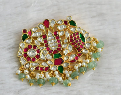 Gold tone pink-green-white kundan jadau nama-shanku-chakra pendant dj-48661