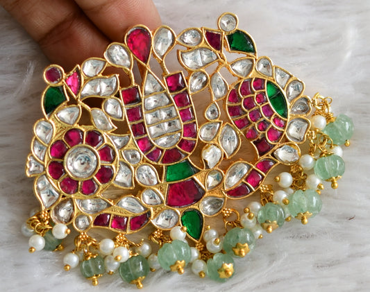 Gold tone pink-green-white kundan jadau nama-shanku-chakra pendant dj-48661