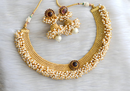 Antique gold tone purple pearl cluster necklace set dj-13546