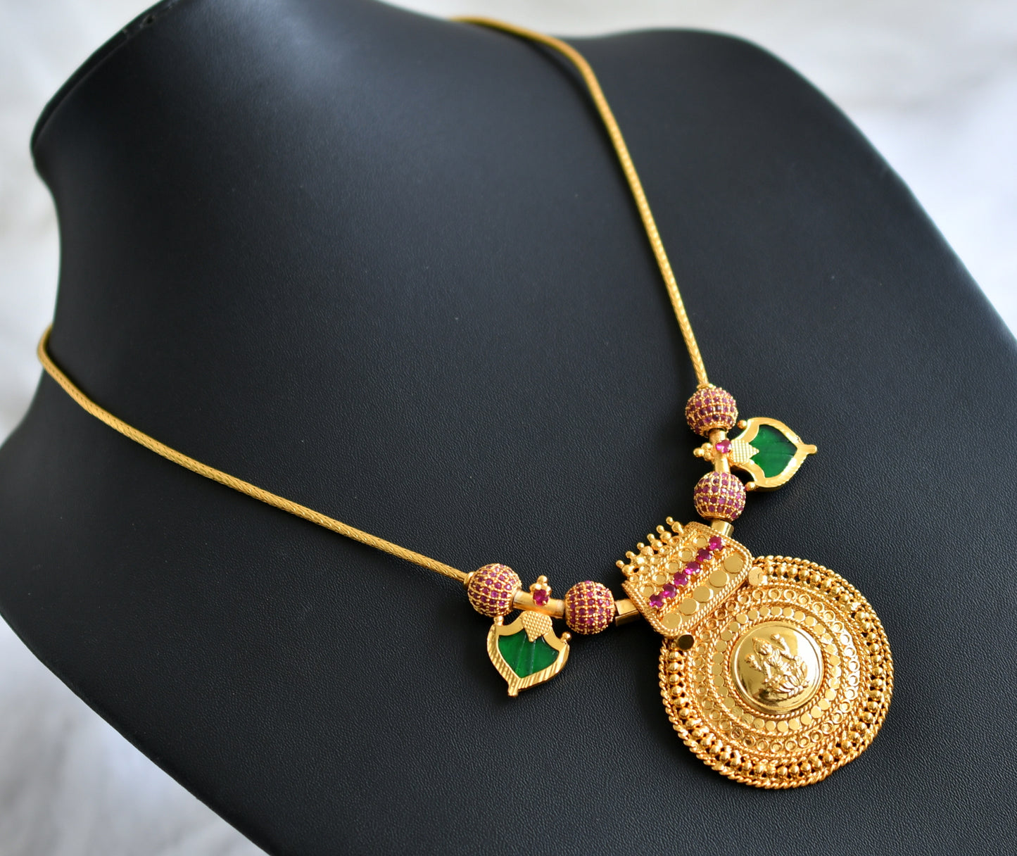 Gold tone kerala style ruby stone ball pink-green palakka lakshmi round pendant necklace dj-46862