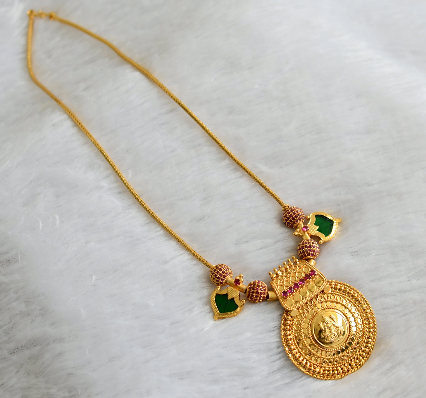 Gold tone kerala style ruby stone ball pink-green palakka lakshmi round pendant necklace dj-46862