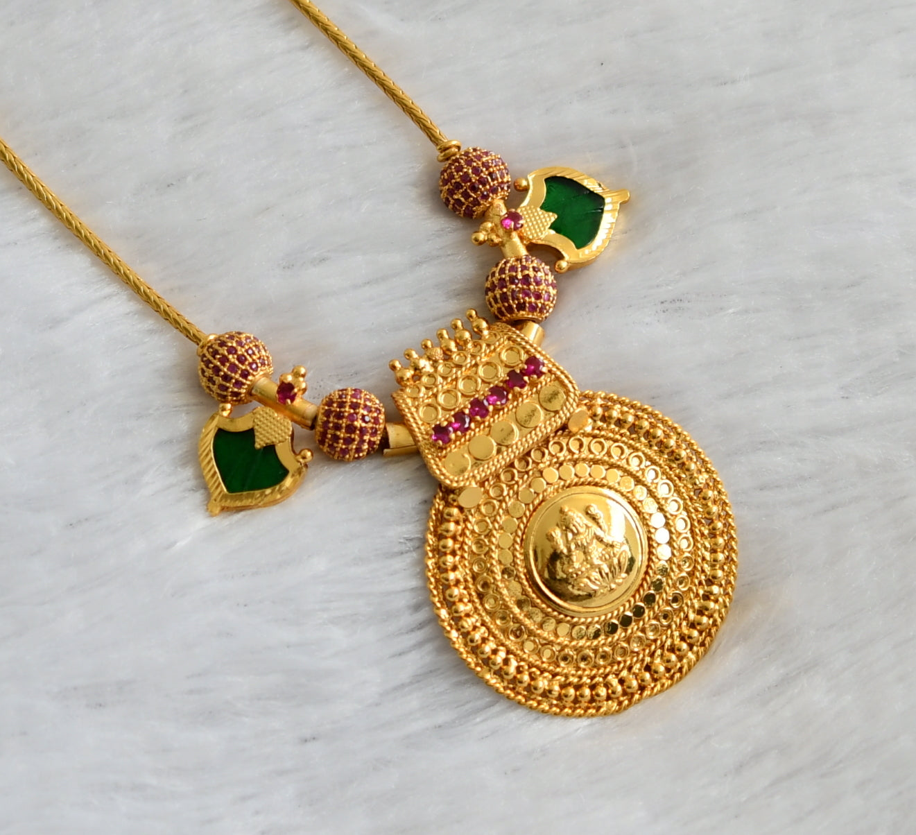 Gold tone kerala style ruby stone ball pink-green palakka lakshmi round pendant necklace dj-46862