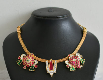 Gold tone pink-green-white kundan jadau nama-shanku-chakra necklace dj-48659