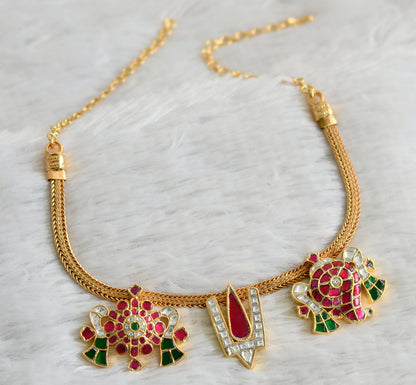 Gold tone pink-green-white kundan jadau nama-shanku-chakra necklace dj-48659