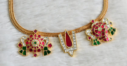 Gold tone pink-green-white kundan jadau nama-shanku-chakra necklace dj-48659