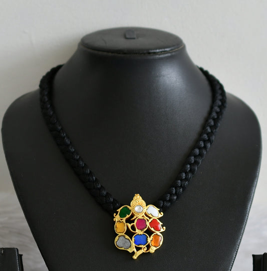 Gold tone black silk thread ganesha navarathna kundan jadau necklace dj-48656