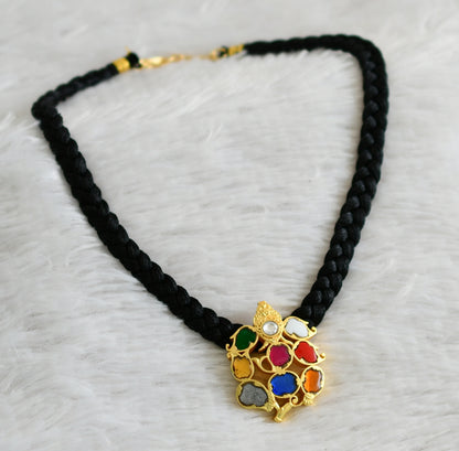 Gold tone black silk thread ganesha navarathna kundan jadau necklace dj-48656