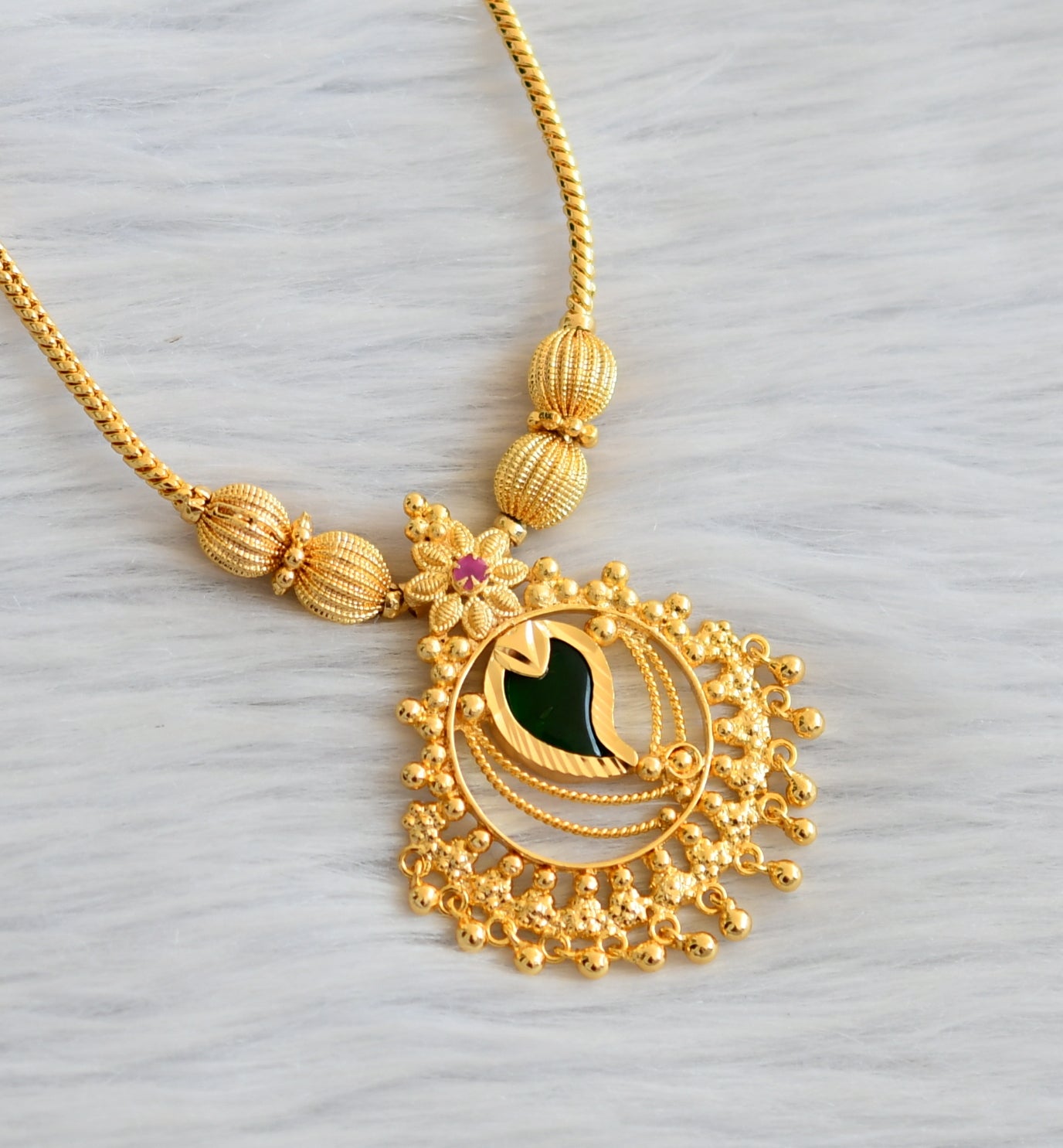 Gold tone pink-green mango kerala style kodi necklace dj-45222