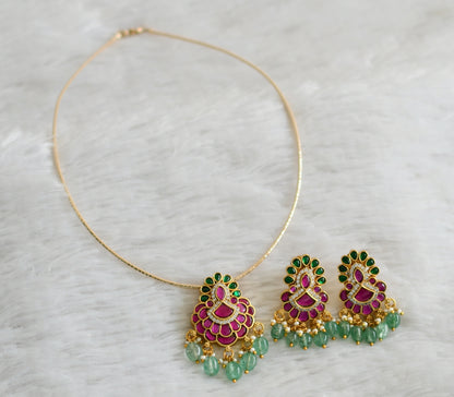 Gold tone pink-green-white kanti chain with kundan jadau pendant dj-48657