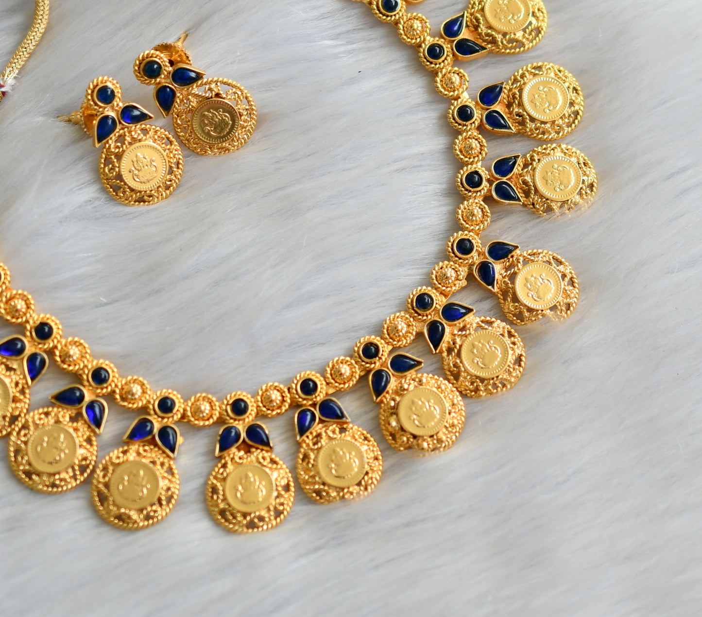 Gold tone blue Lakshmi coin necklace set dj-03633