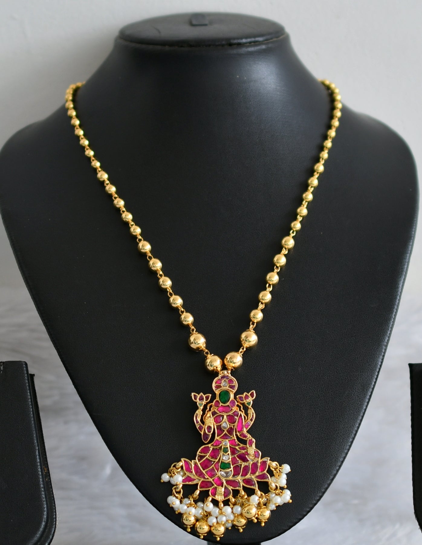 Gold tone pink-green-white kundan jadau lakshmi pendant with 18 inches ball chain dj-48658