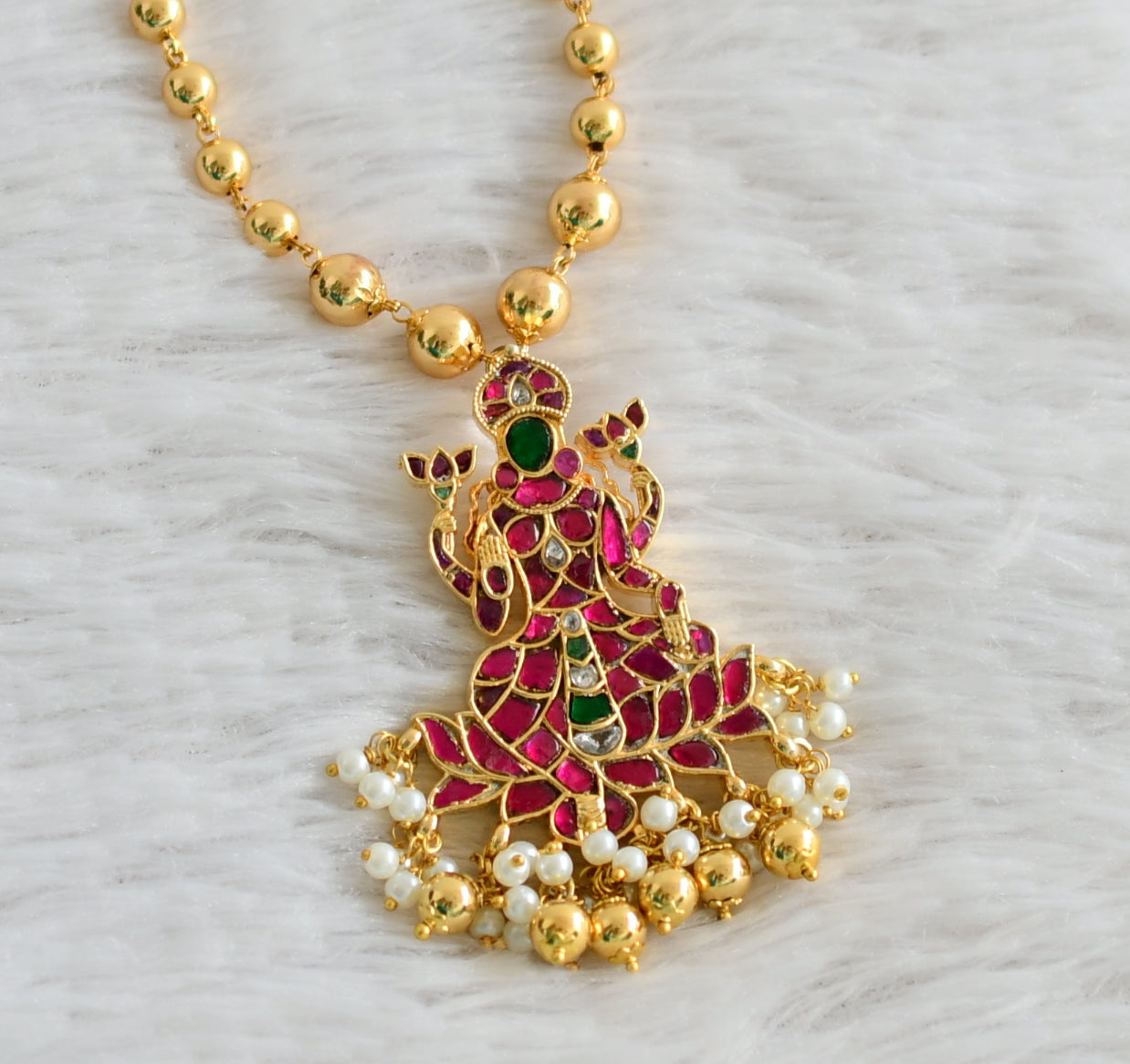 Gold tone pink-green-white kundan jadau lakshmi pendant with 18 inches ball chain dj-48658