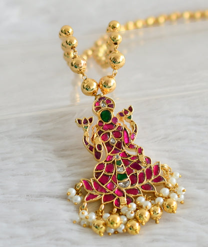 Gold tone pink-green-white kundan jadau lakshmi pendant with 18 inches ball chain dj-48658