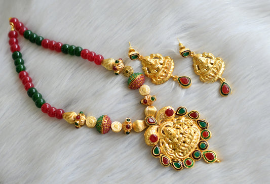 Gold tone maroon-green beaded Lakshmi set dj-03688