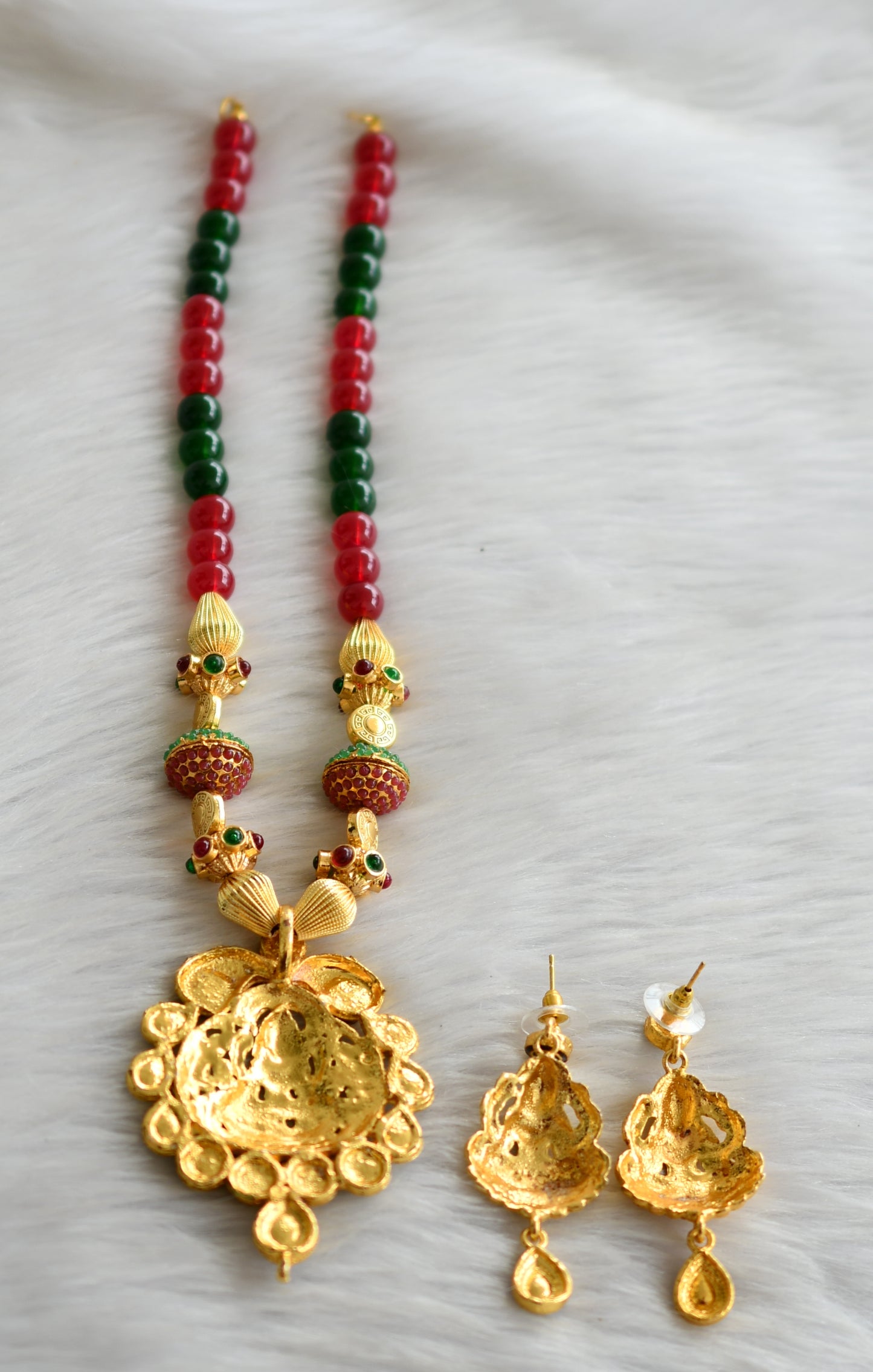 Gold tone maroon-green beaded Lakshmi set dj-03688