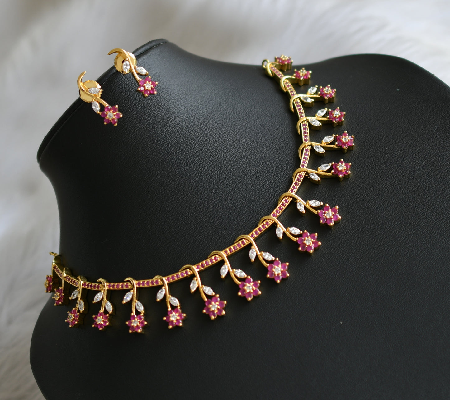 Gold tone ruby-white Nakshatra necklace set dj-03681