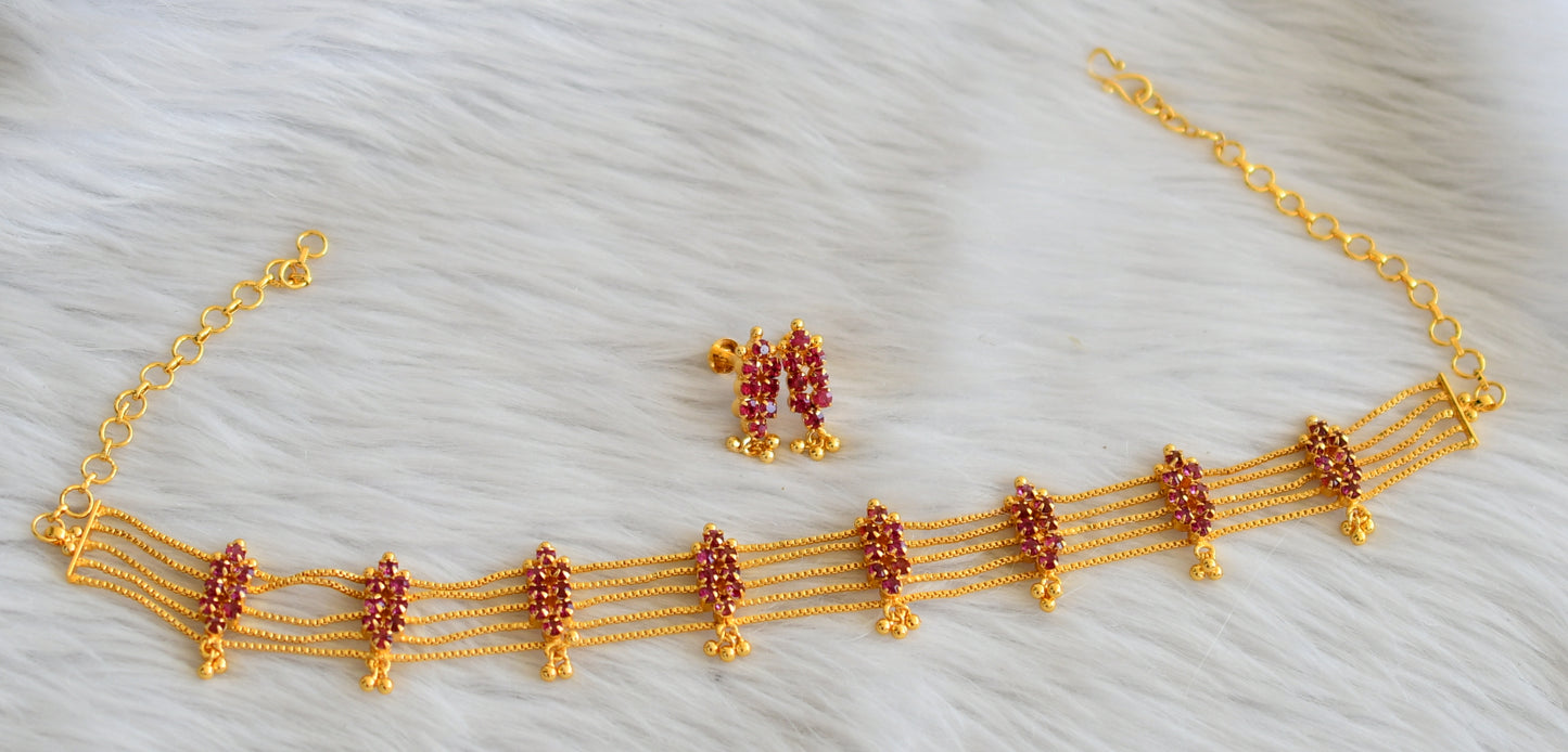 Gold tone ad pink kerala style choker necklace set dj-45235