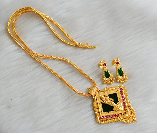 Gold tone pink stone green Lakshmi Kerala style pendant with chain and earrings dj-42330