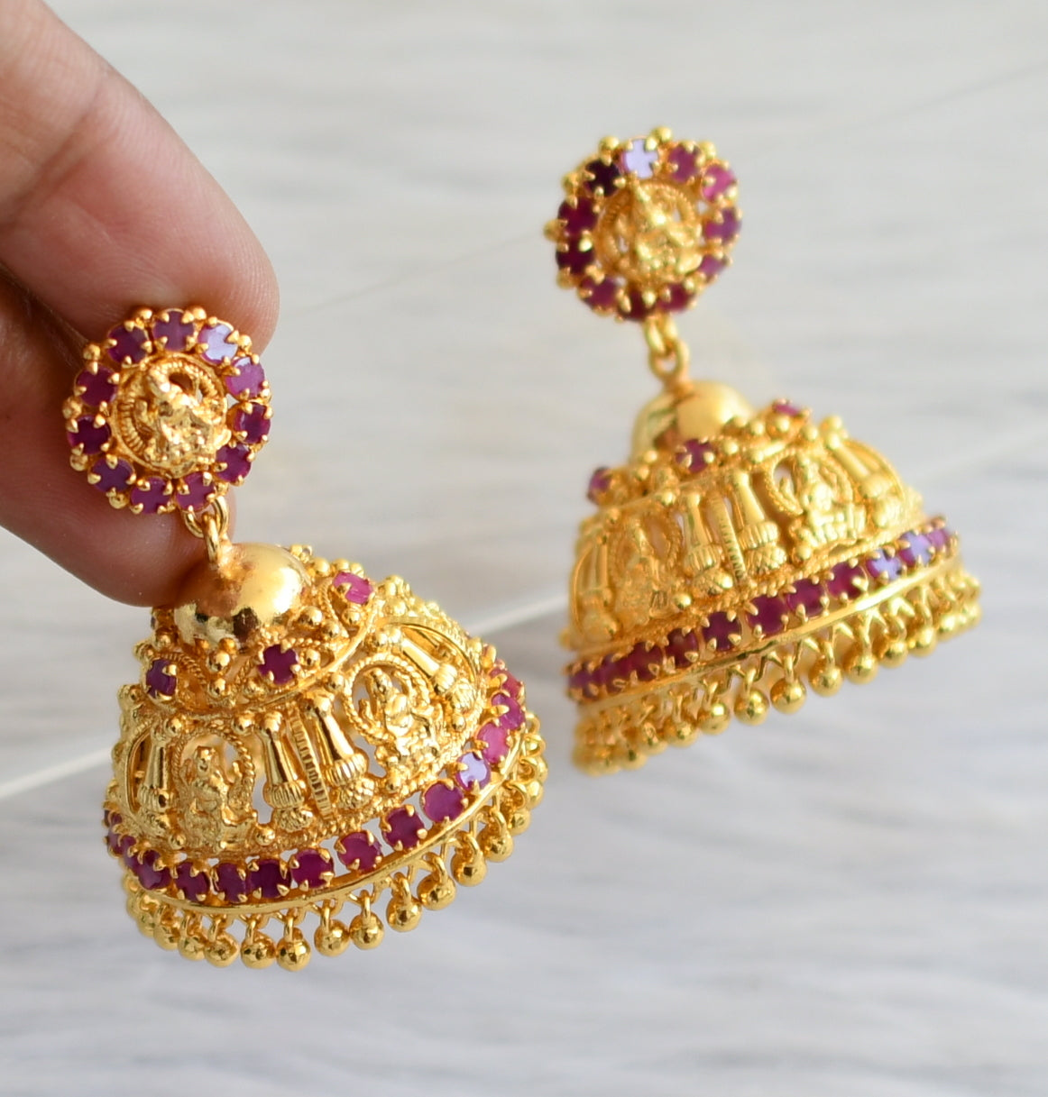 Gold tone ruby stone lakshmi kerala style jhumkka dj-45239