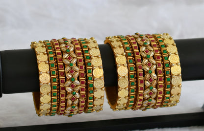 Gold tone silk thread red-green stone kundan lakshmi coin bangles(2.6) dj-43283
