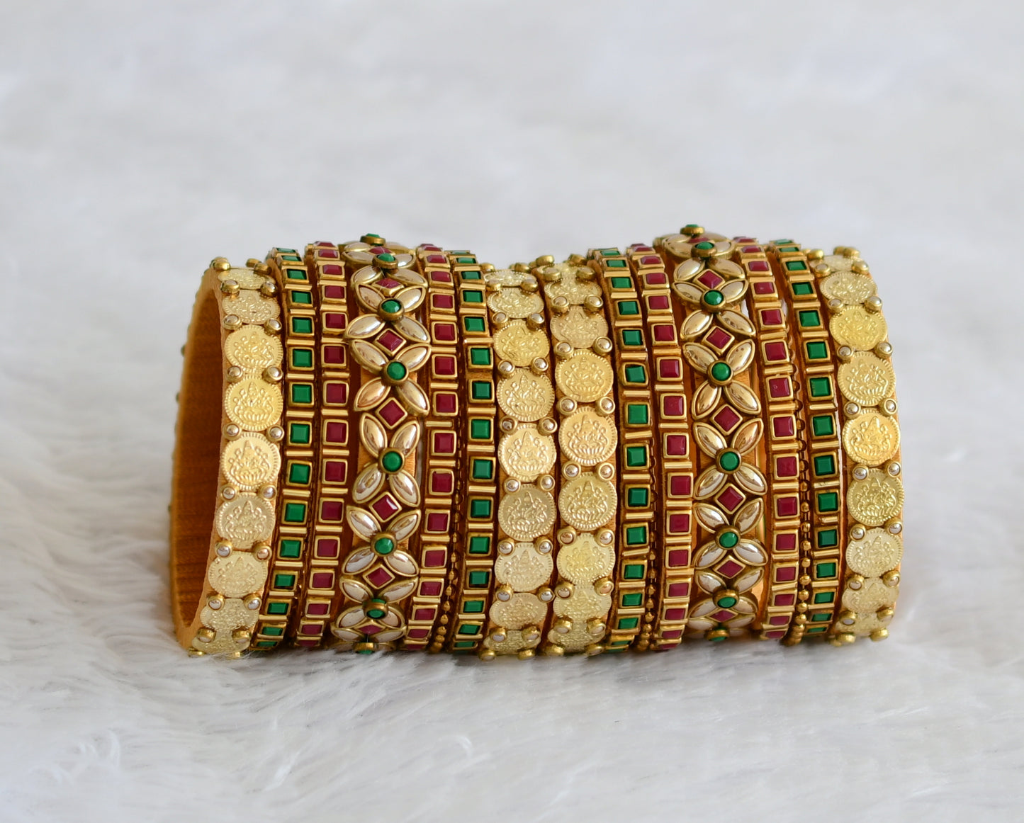 Gold tone silk thread red-green stone kundan lakshmi coin bangles(2.4) dj-43282