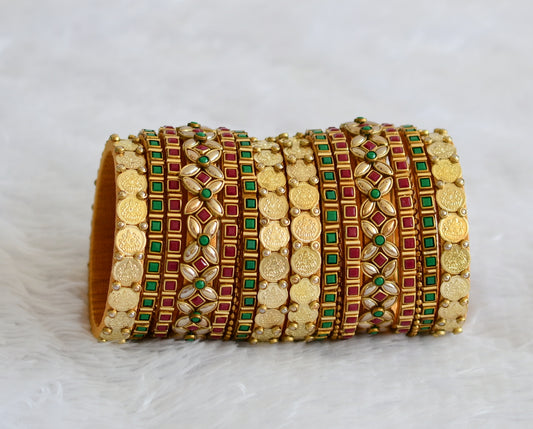 Gold tone silk thread red-green stone kundan lakshmi coin bangles(2.4) dj-43282