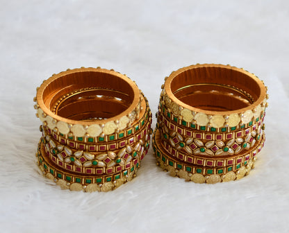 Gold tone silk thread red-green stone kundan lakshmi coin bangles(2.6) dj-43283