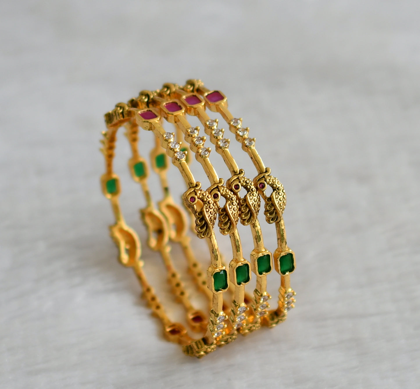 Antique gold tone ruby-green-white peacock set of 4 bangles(2.4) dj-46922