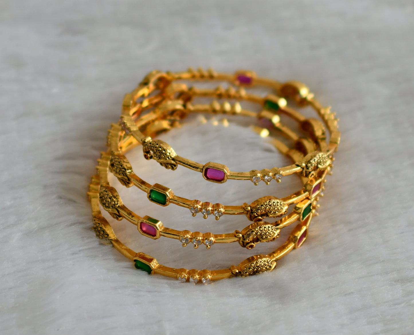 Antique gold tone ruby-green-white peacock set of 4 bangles(2.8) dj-46924