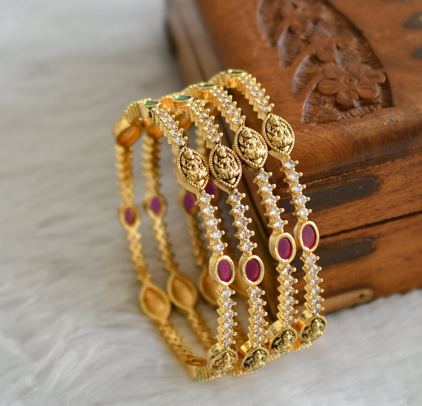 Antique gold tone ruby-green-white lakshmi set of 4 bangles(2.6) dj-46926