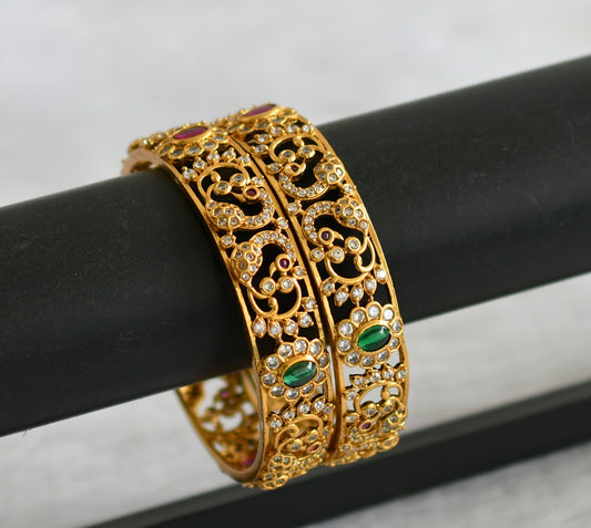 Antique gold tone cz kemp-green-white peacock flower bangles(2.4) dj-46915