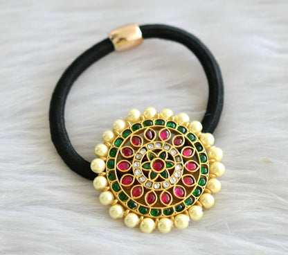 Gold tone pink-green-white pearl kundan jadau round hair band dj-43595