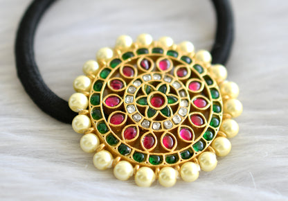 Gold tone pink-green-white pearl kundan jadau round hair band dj-43595