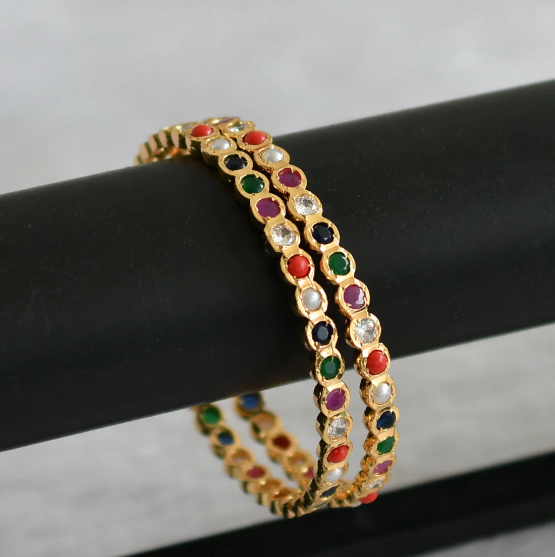 Gold tone navarathna stone bangles(2.4) dj-47473