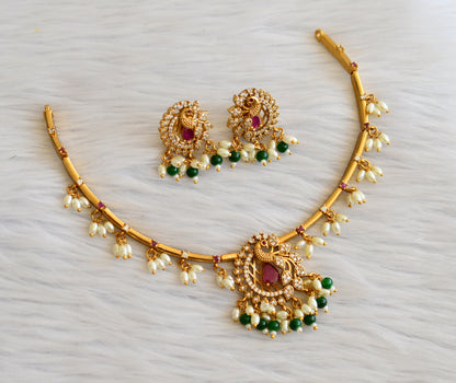 Matte finish cz ruby-green-white rice pearl peacock hasli necklace set dj-45250