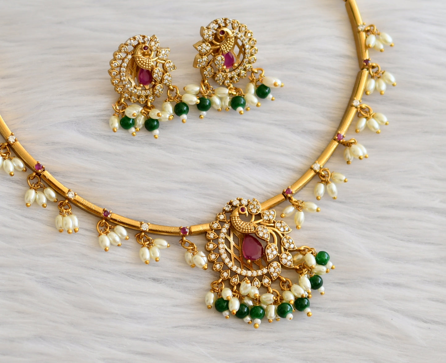 Matte finish cz ruby-green-white rice pearl peacock hasli necklace set dj-45250